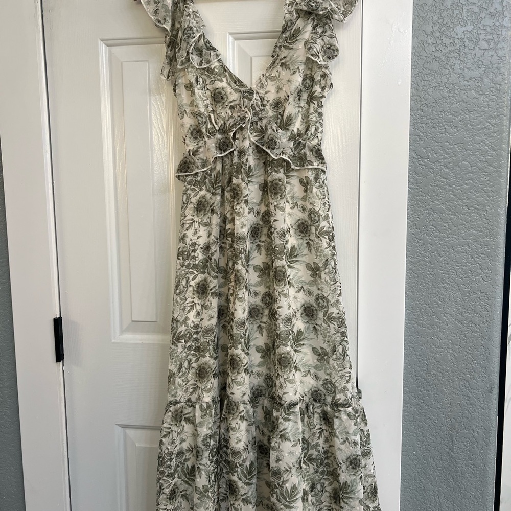 Trixxi Floral Ruffle Midi Dress - Cream and Green